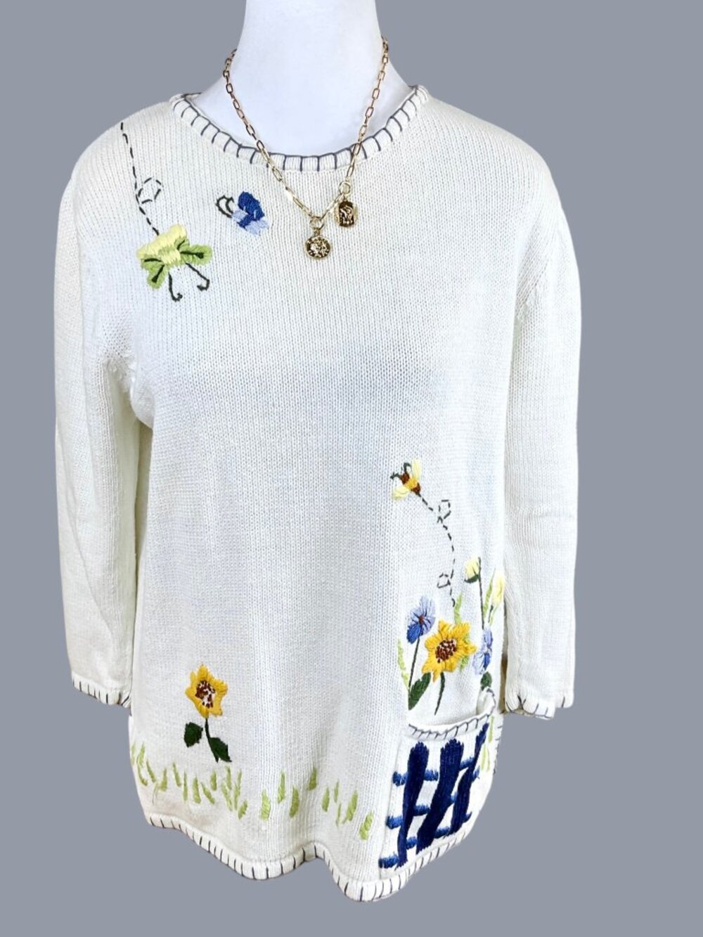 Style Studio Spring Sweater Embroidered Cotton Ivory Multi (S)